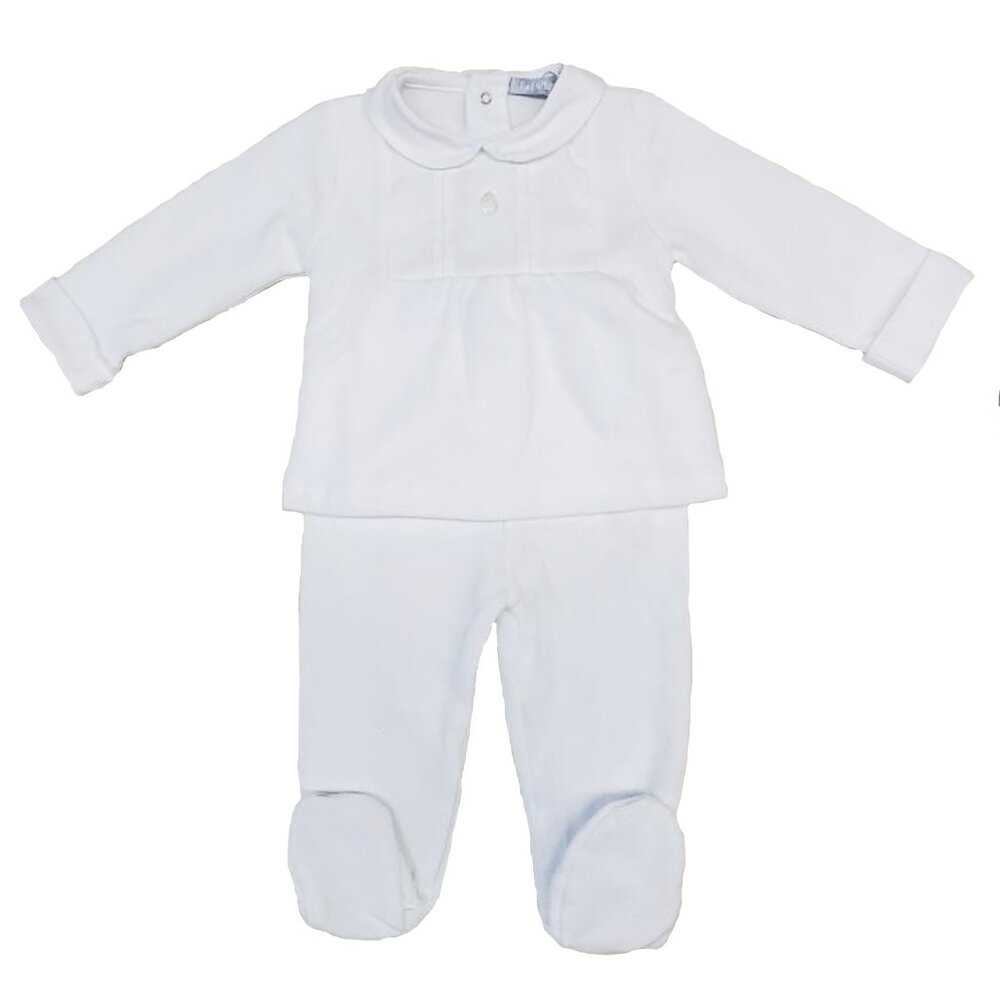 Babidu Canutillo Pintuck Shirt Footie Pant Set - White - NEW